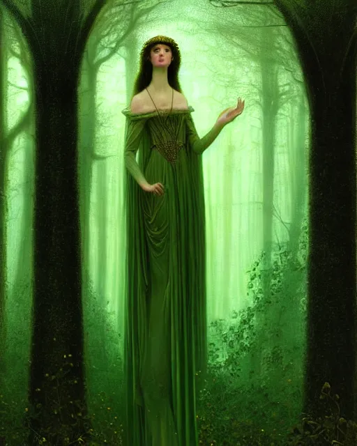 Prompt: nocturne, glowing, stars, a portrait of a beautiful medieval princess, tall and thin, highly detailed, mysterious, ethereal, dressed in green velvet and gold jewelry, haute couture, dark forest, illustration, dramatic lighting, soft details, painting, by edmund blair leighton, brom, charlie bowater, faces by otto schmidt