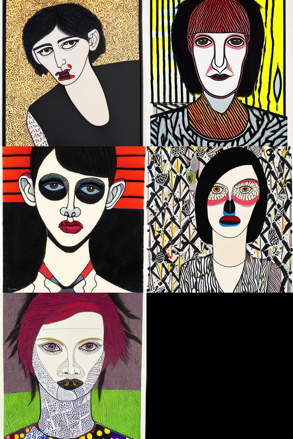 Prompt: goth painted by howard arkley. high - quality character portrait. short dark brown messy pixie haircut, large black eyes, slightly rounded face, pointed chin, small nose, black tank top, black leather jacket, black knee - length skirt, black choker.