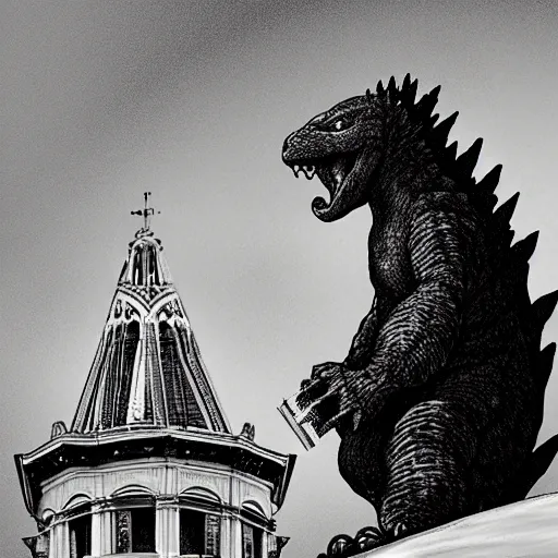 Prompt: godzilla sitting atop st. Peter’s church in rome, eating a mushroom. Digital art.