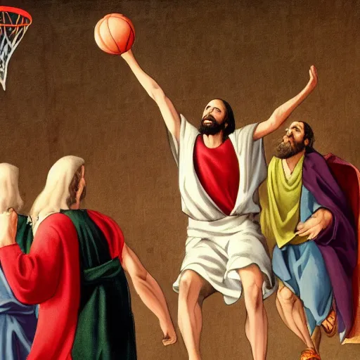 Image similar to Jesus wearing robes dunks a ball in the net while in a basketball court, hd