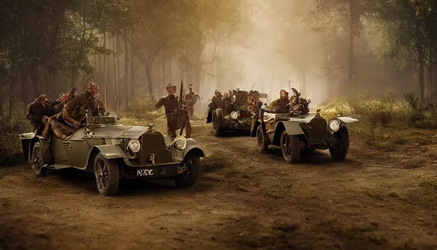 Image similar to british army driving a car in 1921 in kerala forest road, tribe members attacking, action scene, an epic fantasy, dramatic lighting, cinematic, establishing shot, extremely high detail, photorealistic, cinematic lighting, artstation, matte painting by christopher nolan, horizon forbidden west