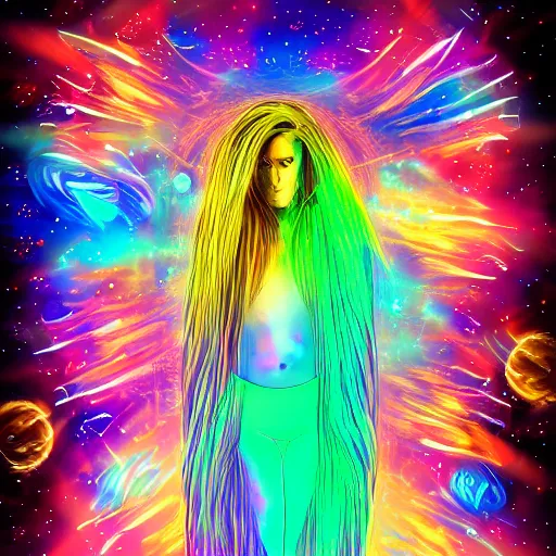 Prompt: The God of Music, transparent body, long glowing colourful hair, space background, digital art, detailed, intricate