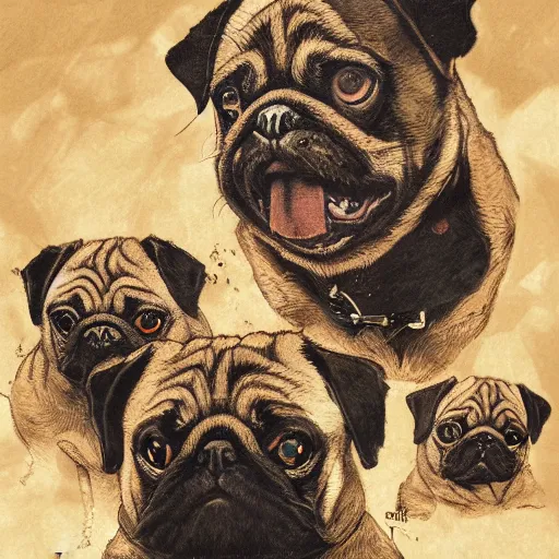 Image similar to self portrait showing family of pugs by yoji shinkawa, extra details, colored, 4 k, dynamic lighting