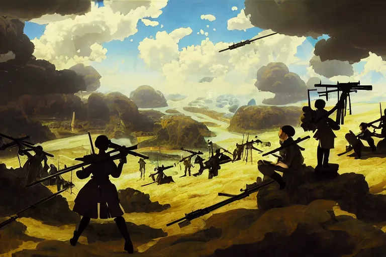 Image similar to baroque oil painting of key visual environment concept art of anime maids firing bolt action rifles at enemy lines, brutalist, dark fantasy, rule of thirds golden ratio, fake detail, trending pixiv fanbox, acrylic palette knife, style of makoto shinkai studio ghibli genshin impact jamie wyeth james gilleard greg rutkowski chiho aoshima