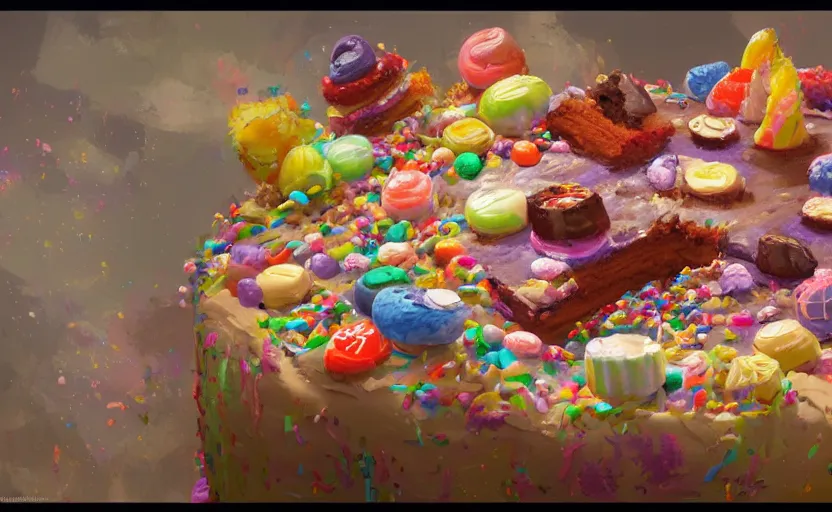 Image similar to a colorful digital painting of a cake with lots of sweets on it, by greg rutkowski and james gurney, trending on artstation