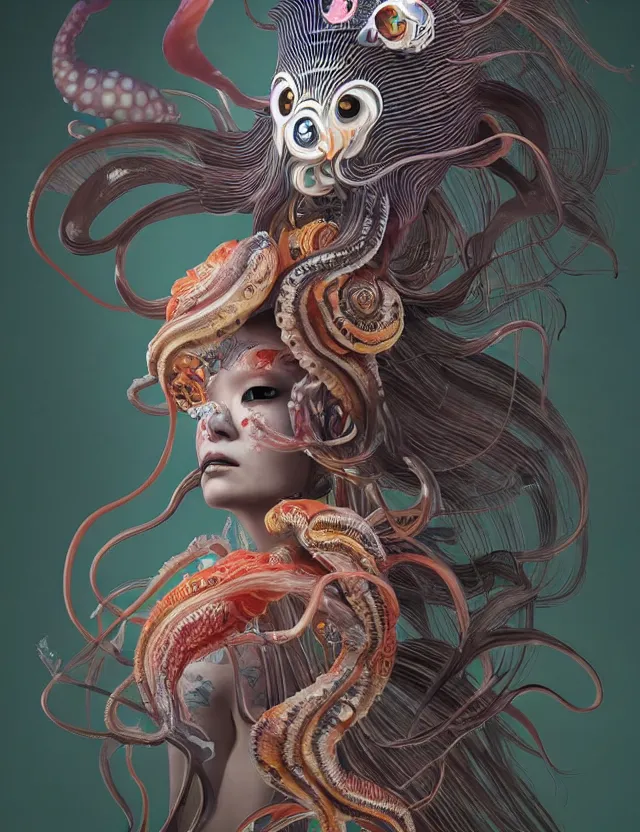 Image similar to 3 d goddess squid half - turn portrait with long hair with ram skull. beautiful intricately detailed japanese crow kitsune mask and clasical japanese kimono. betta fish, jellyfish phoenix, bio luminescent, plasma, ice, water, wind, creature, artwork by tooth wu and wlop and beeple and greg rutkowski