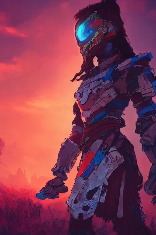 Image similar to combination suit armor aloy horizon forbidden west horizon zero dawn radiating a glowing aura global illumination ray tracing hdr fanart arstation by ian pesty and alena aenami artworks in 4 k tribal robot ninja mask helmet backpack