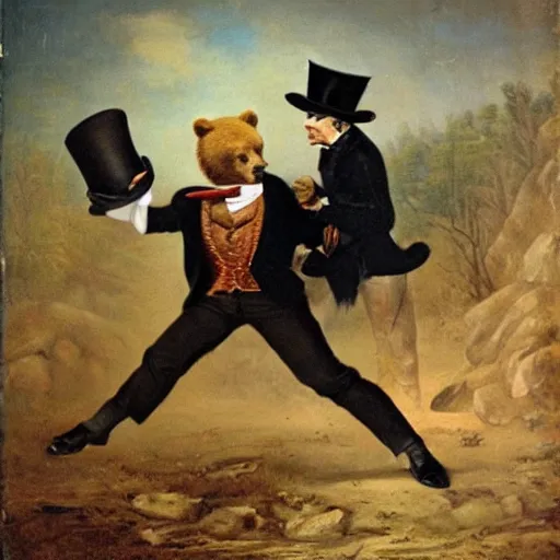 Prompt: Markipler Fighting a bear with a top hat