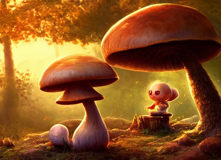 Prompt: a cute creature sitting next to a mushroom, golden hour, fantasy, sharp focus, digital art, hyper realistic, 4 k, unreal engine, highly detailed, hd, dramatic lighting by brom, trending on artstation