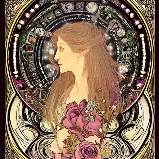 Image similar to Alice in Wonderland,Diamonds Blaze,Rose twining,out of time and space,dreamy, eternity, romantic,highly detailed,in the style of Alphonse Maria Mucha, highly detailed,night lighting