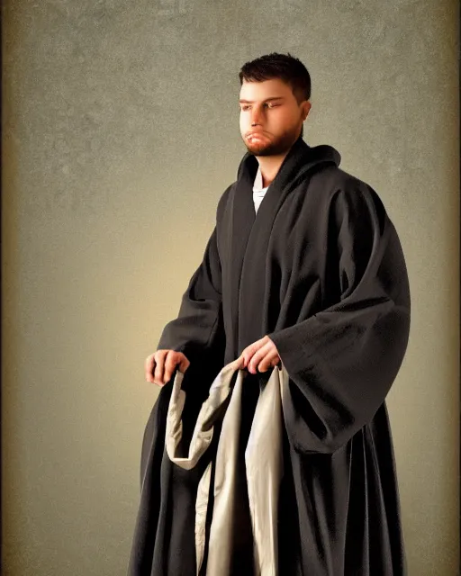 Image similar to digital art portrait of a young man in dark robes, hooded