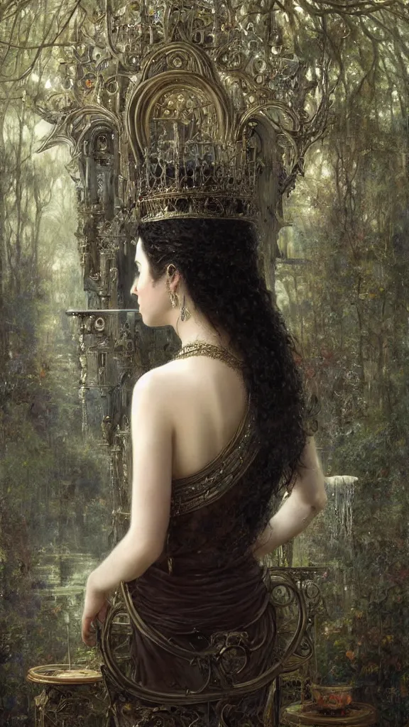 Image similar to secret view from behind wide mirror of a beautiful black haired woman with pale skin and a crown on her head sitted on an intricate metal throne, very deep stillness atmosphere, silence, dimension of still moment, spiritual feeling, digital art, by daniel ridgway knight