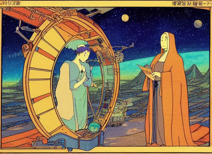 Prompt: a still frame in anime style, studio ghibli, ivan bilibin, medieval western bible sci - fi illustration of a person morphing into a bird, space station interior