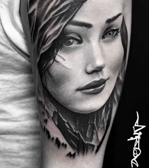 Image similar to blend of a hyper realistic mountain scenery with a beautiful woman face, tattoo design sketch, in the style of matteo pasqualin, hyper - realistic, amazing detail, black and white