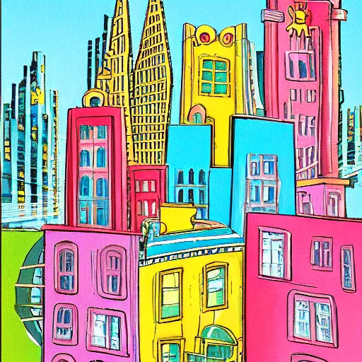 Image similar to fanciful city filled with curvy buildings, colorful kids book illustration by dr seuss, platforms, towers, bridges, stairs