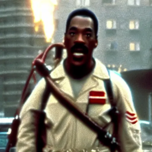 Image similar to awe inspiring Eddie Murphy playing a Ghostbuster in a still from the movie Ghostbusters 8k hdr