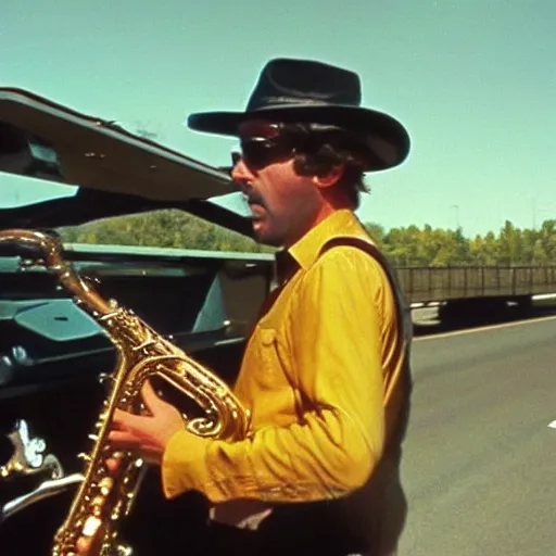 Image similar to 1 9 7 0's color b - movie scene about the musical trucker, a trucker playing the saxophone inside his big rig as it drives off the side of a highway