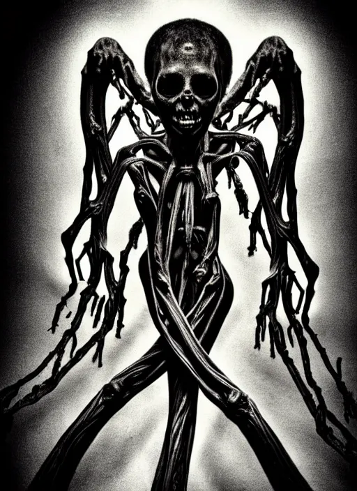 Prompt: deformed twisted limbs angel, psycho stupid fuck it insane, looks like death but cant seem to confirm, cinematic lighting, psychedelic experience, various refining methods, micro macro autofocus, ultra definition, award winning photo, to hell with you, glowing bones, devianart craze, a gammell - giger film