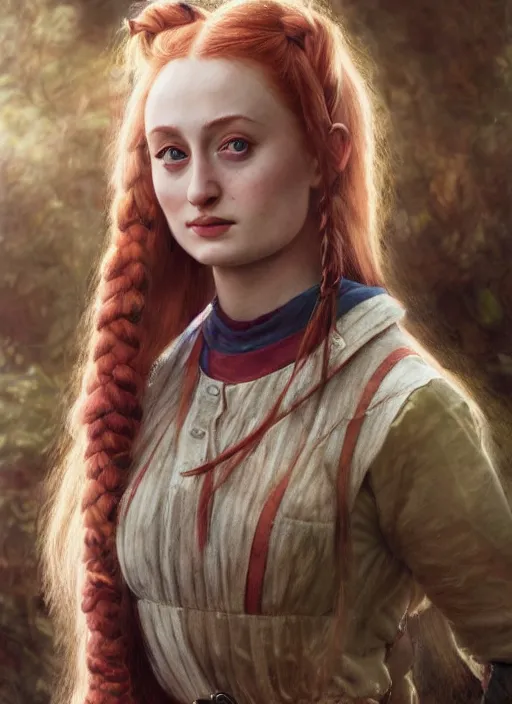 Image similar to portrait Sophie Turner as Pippi Longstocking, full length shot, shining, 8k highly detailed, sharp focus, illustration, art by artgerm, mucha, bouguereau