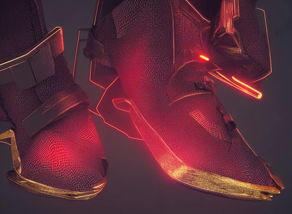 Prompt: realistic 3 d render of a cyberpunk android sneaker, beautiful studio lighting, soft, sharp focus, neon cyberpunk highlights, intricate detail, gold and red accents, soft rubber, octane render, side view, close up, trending on artstation, deviantart, issey miyake, lloyd wright, feng zhu