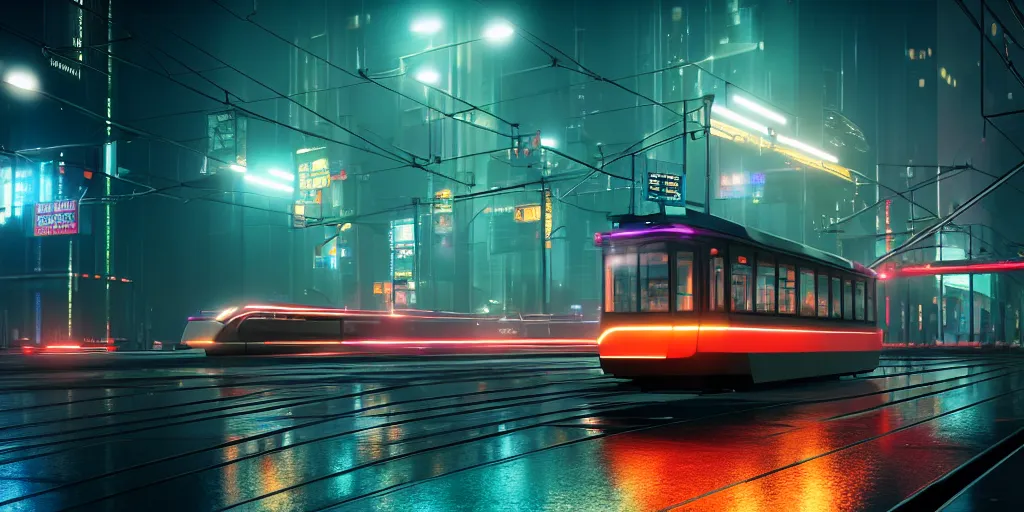 Prompt: tram on viaduct crossing the city at night time ， blade runner 2 0 4 9, 4 k resolution, ultra wide angle, cinematic, octane render