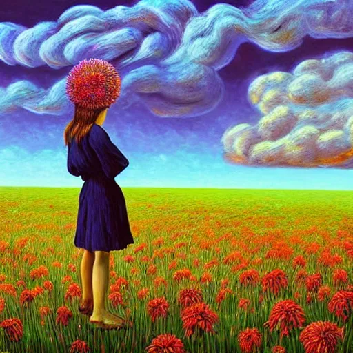 Image similar to giant flower head, frontal, woman standing in field, surreal photography, colorful clouds, impressionist painting, digital painting, artstation, rob gonsalves