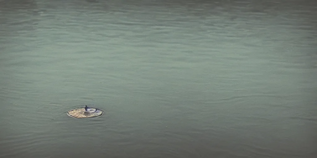 Image similar to centered photograph of a long rope zig zagging across the surface of the water, floating submerged rope stretching out towards the center of the lake, a dark lake on a cloudy day, color film, trees in the background, hyperedetailed photo, moody volumetric, anamorphic lens