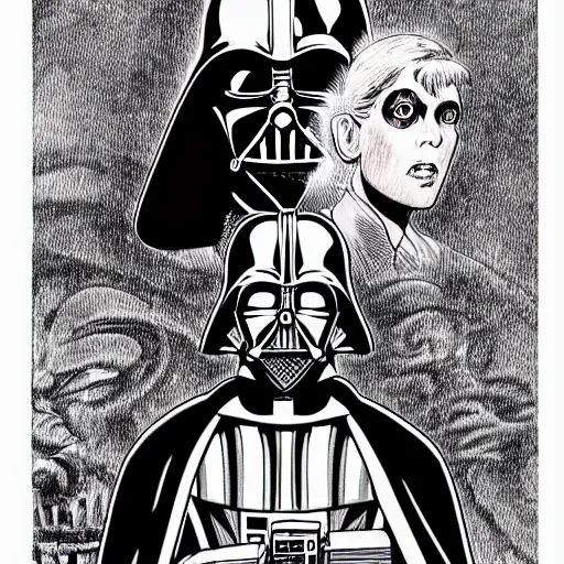 Prompt: Darth Vader portrait in the style of Junji Ito. Manga. Gothic. Horror. Extremely detailed. 4K.