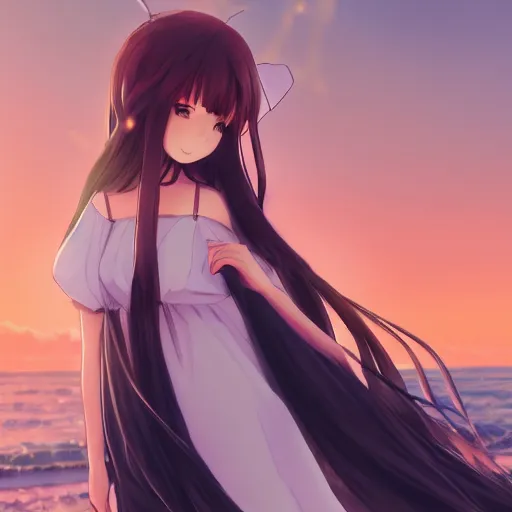 Image similar to beautiful anime girl in a long white dress on a beach. Red hair, dramatic lighting, trending on artstation. Pixiv, Yuru camp, manga cover