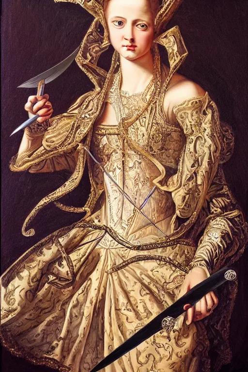 Prompt: hyper realistic painting portrait of the princess of swords, occult diagram, elaborate details, rococo, baroque, gothic, intrincate ornaments, gold decoration, caligraphy, occult art, illuminated manuscript, oil painting, art noveau