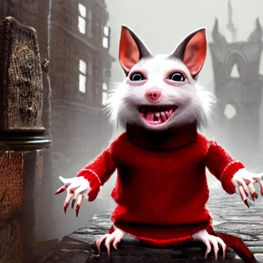 Prompt: stuart little as a monstrous dark souls boss, wearing a red sweater and his fur is white, visually grotesque, unreal engine 2, style of asylum demon, forked tongue