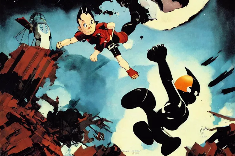 Prompt: full page illustration astroboy destroying the iron giant, by Katsuhiro Otomo, Phil hale, Ashley wood, Ilya repin, frank frazetta, 8k, hd, high resolution print