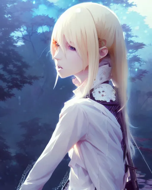 Image similar to blonde haired gothic magical girl anime character screenshot, anime, intricate, sharp focus, illustration, highly detailed, digital painting, clean artstyle, concept art, matte, art by ilya kuvshinov and ruan jia and greg rutkowski, masterpiece