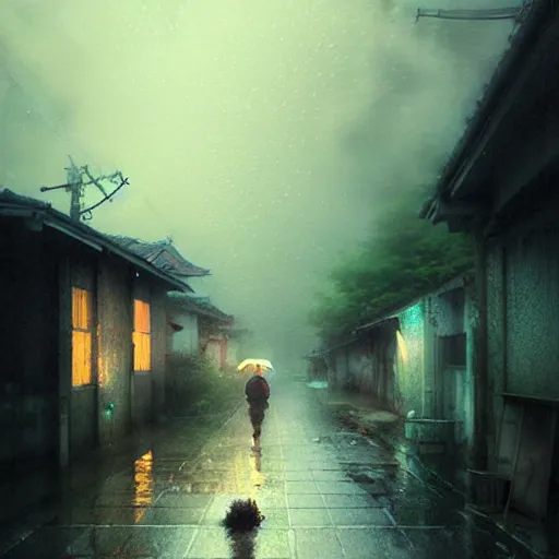 Image similar to walking around dilapidated ikeshima island, nagasaki, japan. volumetric lighting, rain, spring night, dark overcast weather, realistic illustration, perfectly shaded, soft painting, art by krenz cushart and wenjun lin