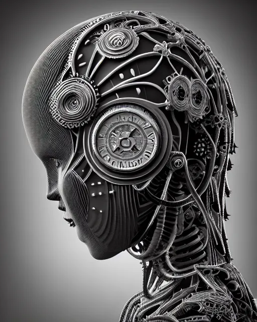 Image similar to mythical black and white organic bio-mechanical spinal ribbed profile face portrait detail of mechanical beautiful female angelic-vegetal-cyborg, highly detailed, intricate steampunk ornate, poetic, 3D render, digital art, octane render, 8K artistic photography, photo-realistic, by Dora Maar