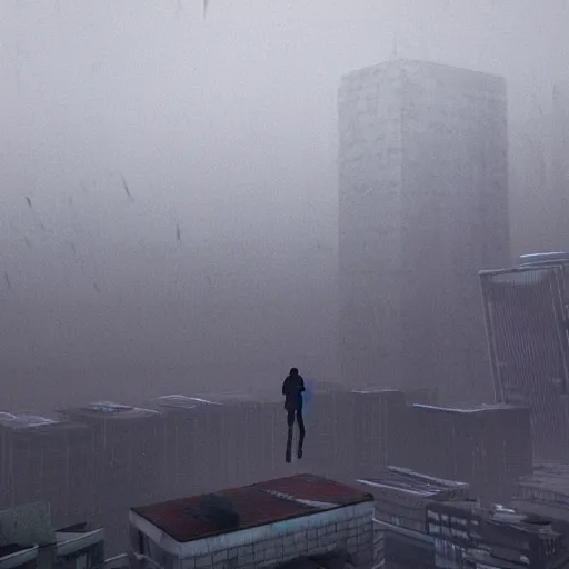 Prompt: a person standing on a grey skyscraper looking over a dystopian city, fog, moody, realistic night lights, rain and haze, concept art, intricate, in the style of katsuhiro otomo, akira, unreal engine