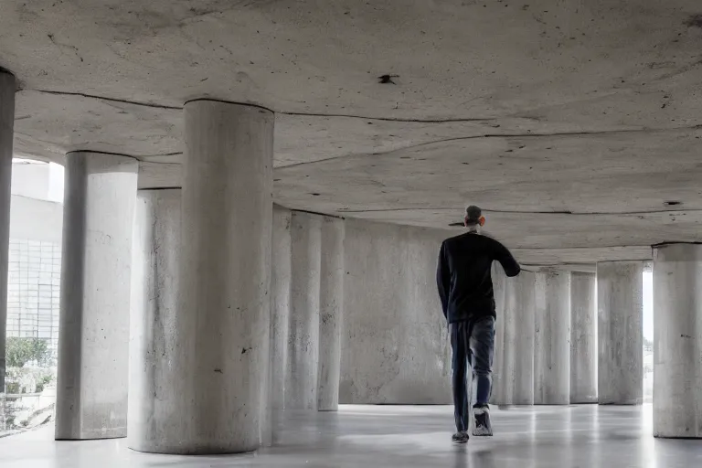 Image similar to a man walking through a brutalist cement structure with towering pillars and high ceilings