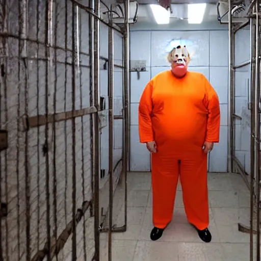 Image similar to fat and bald donald trump wearing orange jumpsuit behind bars in prison