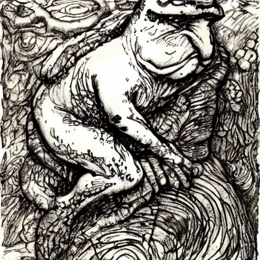 Prompt: toad philosopher toad in a pose The Thinker, swamp, by Auguste Rodin, illustrations by irish fairy tales james stephens arthur rackham, fairy tale illustrations,