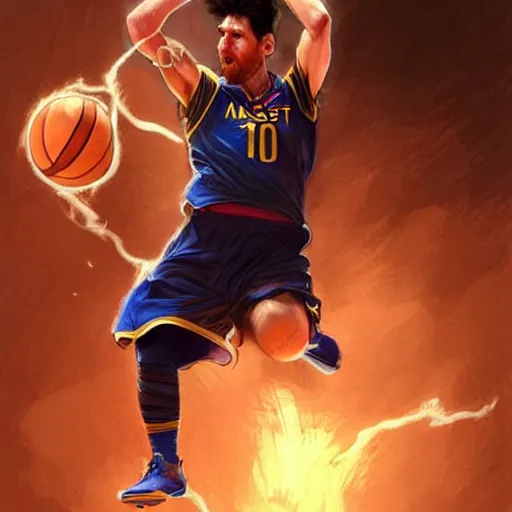 Image similar to Messi dunking a basketball in the NBA, D&D style, fantasy, intricate, elegant, highly detailed, digital painting, artstation, concept art, matte, sharp focus, illustration, art by Artgerm and Greg Rutkowski and Alphonse Mucha