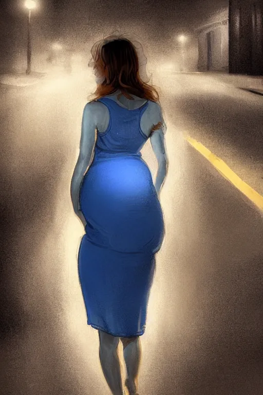 Image similar to pregnant woman in a short blue dress in night under street light, highly detailed, sharp focused, ultra realistic digital concept art by Frederick Sands Brunner