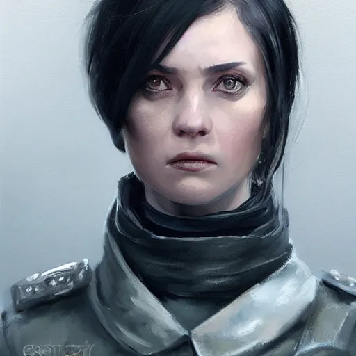 Image similar to Portrait of a woman by Greg Rutkowski, she is about 20 years old, round face, mixture between german and russian, black bob hair, attractive, determined but resentful look, she is wearing futuristic military fatigues with a black scarf, highly detailed portrait, scifi, digital painting, artstation, concept art, smooth, sharp foccus ilustration, Artstation HQ.