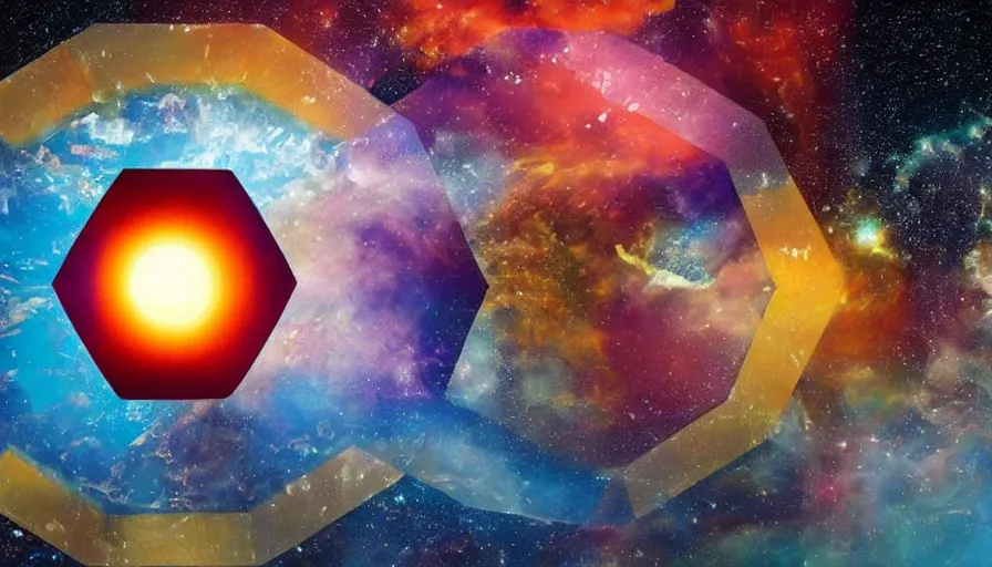 Image similar to the sun being blocked by a hexagon in space, planet earth in the foreground, art deco painting