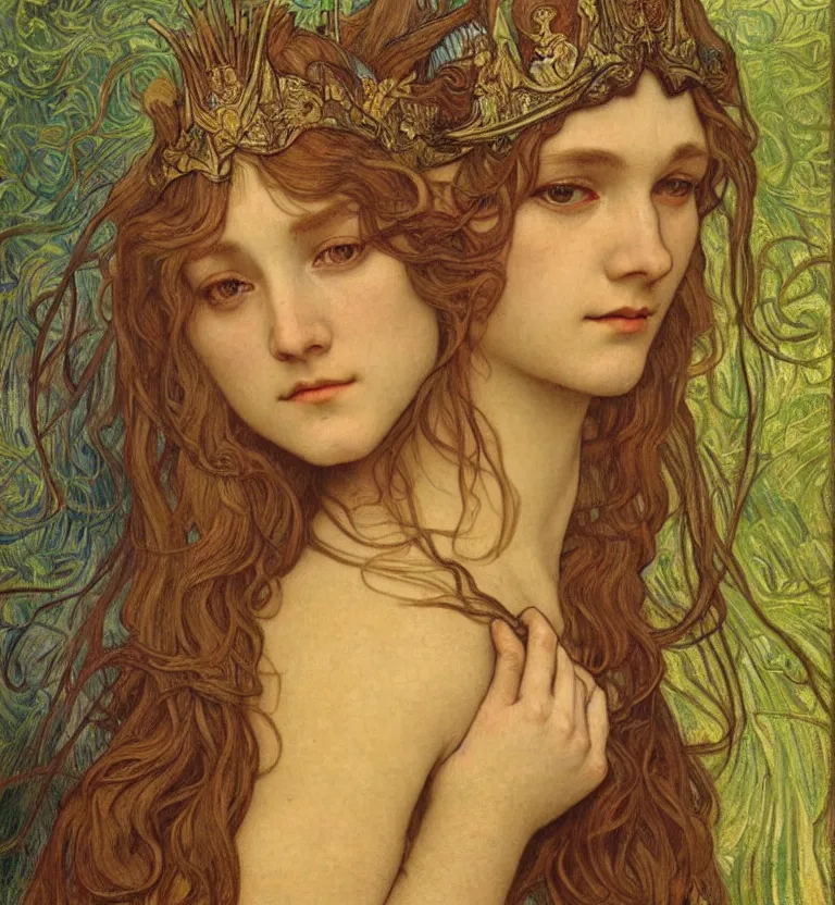 Image similar to detailed realistic beautiful young medieval queen face portrait by jean delville, alphonse mucha, vincent van gogh, and marco mazzoni, art nouveau, symbolist, visionary, gothic, pre - raphaelite