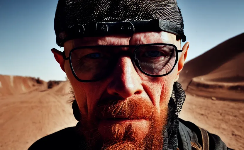 Image similar to cinestill 5 0 d candid photographic portrait by helen levitt of heisenberg wearing rugged black mesh techwear on a dirtbike through a desolate plain, extreme closeup, modern cyberpunk moody emotional cinematic, dust storm, 8 k, hd, high resolution, 3 5 mm, f / 3 2, ultra realistic faces, ex machina