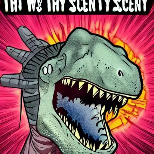 Image similar to T-Rex who is a scientist fighting aliens with SCIENCE