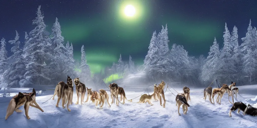 Image similar to a winter scene at night, northern lights, dog sled team, matte painting, high quality, trending on artstation