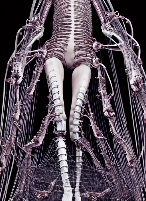 Prompt: walking down the catwalk, steven klein, mert alas and marcus piggott, show, stage, vogue photo, podium, fashion show photo, iris van herpen, beautiful woman, full body shot, masterpiece, inflateble shapes, alien, giger, plant predator, guyver, jellyfish, wires, veins, biomechanical details, bionic cyborg implants, colourfull