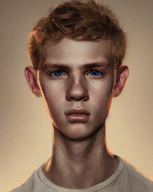 Image similar to portrait of 1 5 - year - old boy with blonde hair, round - face, and slightly buck - toothed, hyper realistic face, beautiful eyes, fantasy art, in the style of greg rutkowski, intricate, hyper detailed, smooth