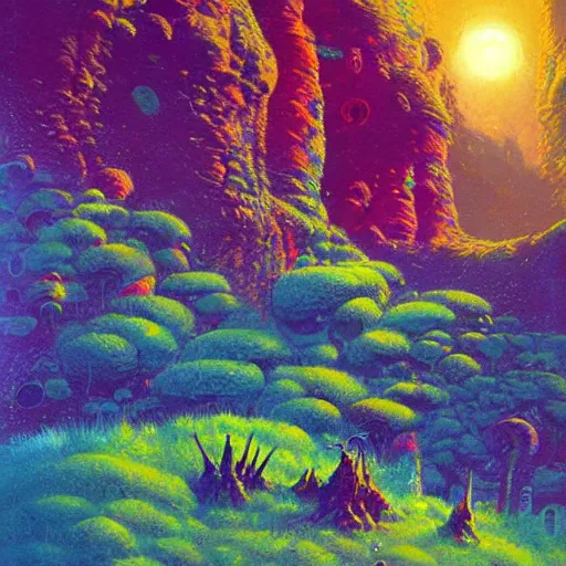 Image similar to illustration of a lush natural scene on an alien planet by paul lehr. extremely detailed. beautiful landscape. weird vegetation. cliffs and water.